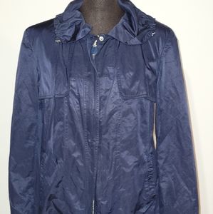 Tahari Navy Bluie Rain Jacket Ruffled Collar Metalic Womans Size Medium Raincoat